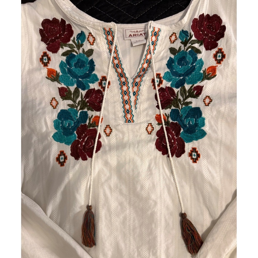 Ariat Embroidered Peasant Blouse Womens Small White Floral Tassel Bell Sleeve - Picture 2 of 10